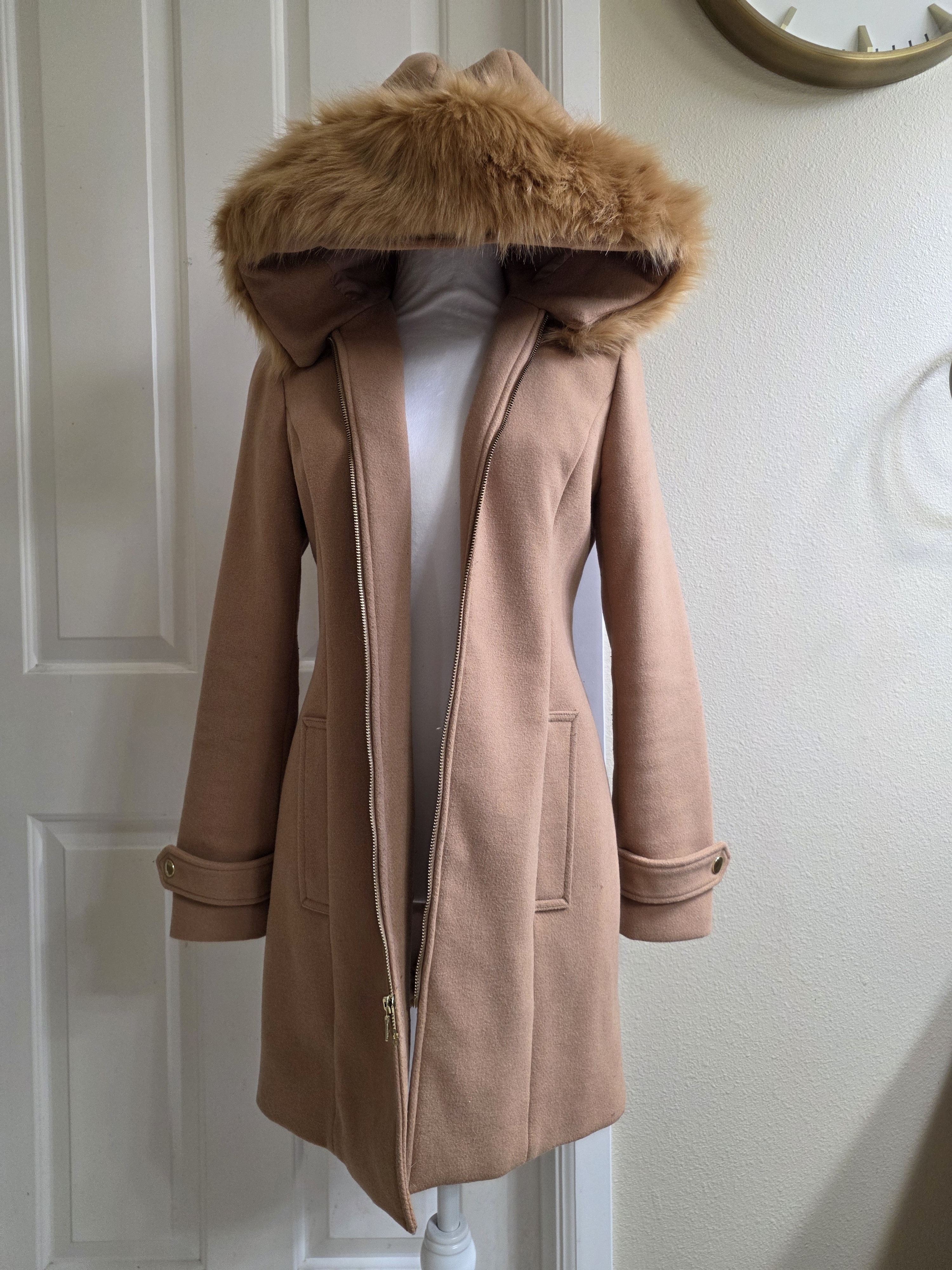 Express Tan Wool-Blend Coat With Faux Fur Hood
